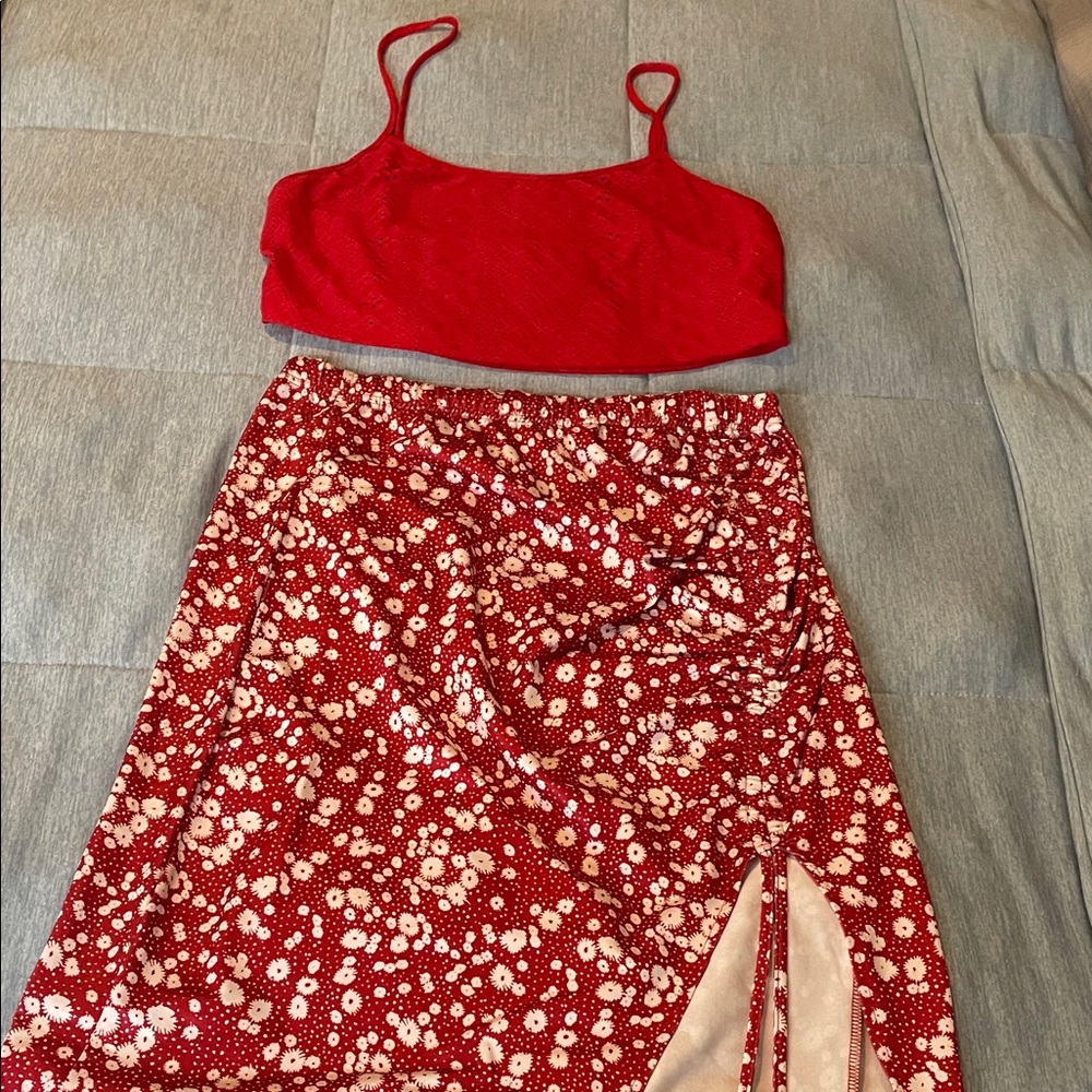 SHEIN Red Floral Skirt Set